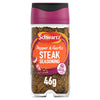 A clear plastic jar of Schwartz Pepper & Garlic Steak Seasoning 46G is shown against a white background.