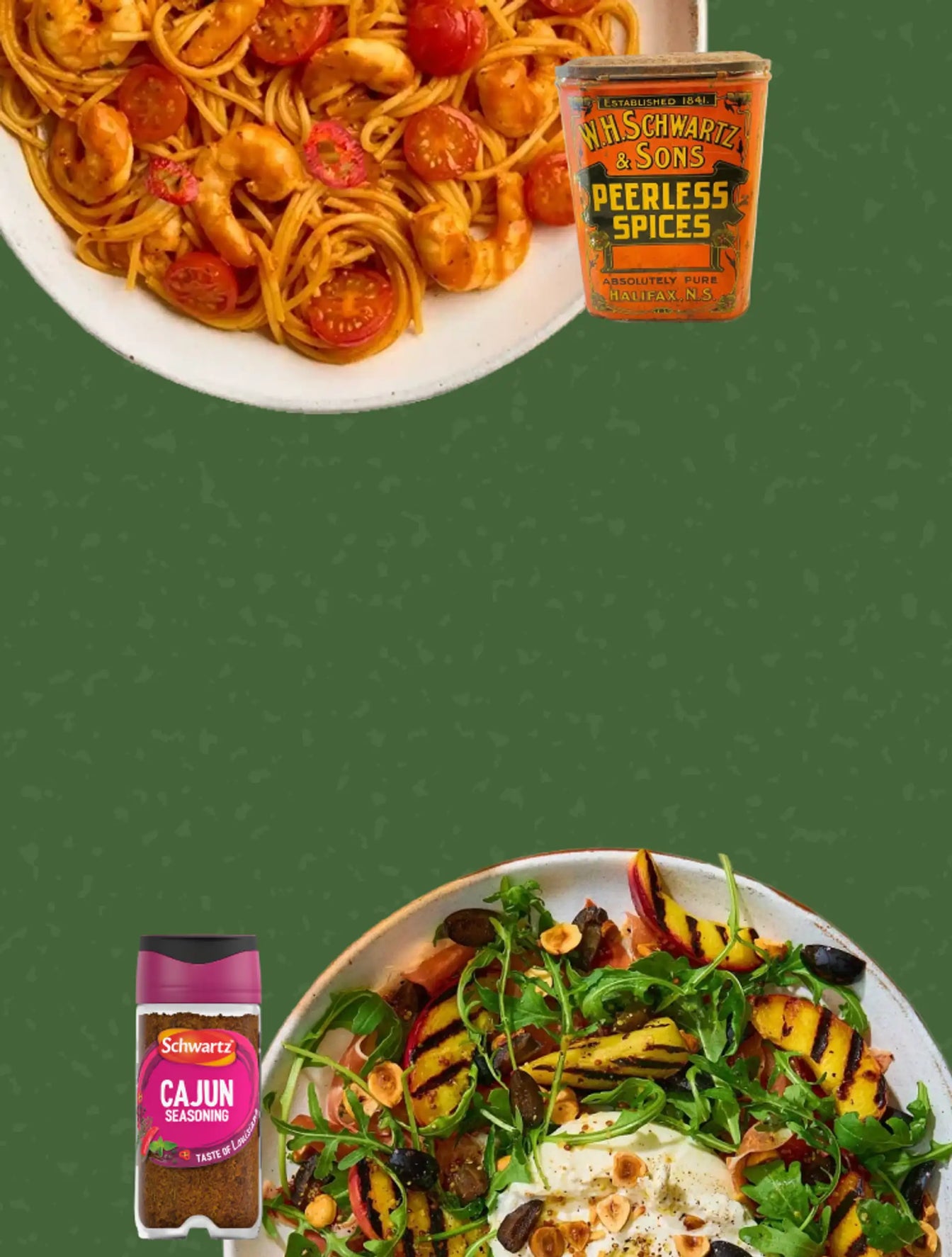 cajun and schwartz old packaging against recipe images