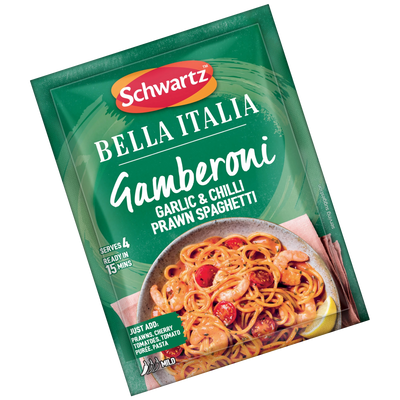 Schwartz Bella Italia Gamberoni Garlic & Chilli Prawn Spaghetti packaging