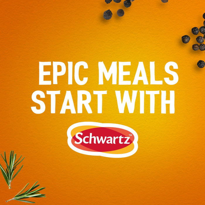 A promotional graphic for Uk Webswitch featuring the Schwartz logo and the text Epic Meals Start With against an orange background with peppercorns and rosemary.