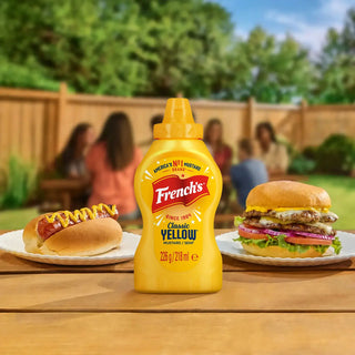 French's yellow mustard bottle with a hot dog and burger on a wooden table outdoors.